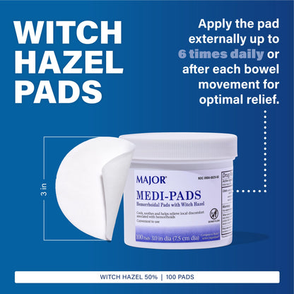 MAJOR Medi-Pads - Hemorrhoidal Hygienic Cleansing Witch Hazel Pads - Cooling Relief with Aloe - 100 Count Jar (1 Pack) - Maple Wellness Supplements