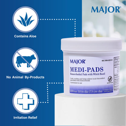 MAJOR Medi-Pads - Hemorrhoidal Hygienic Cleansing Witch Hazel Pads - Cooling Relief with Aloe - 100 Count Jar (3 Pack) - Maple Wellness Supplements
