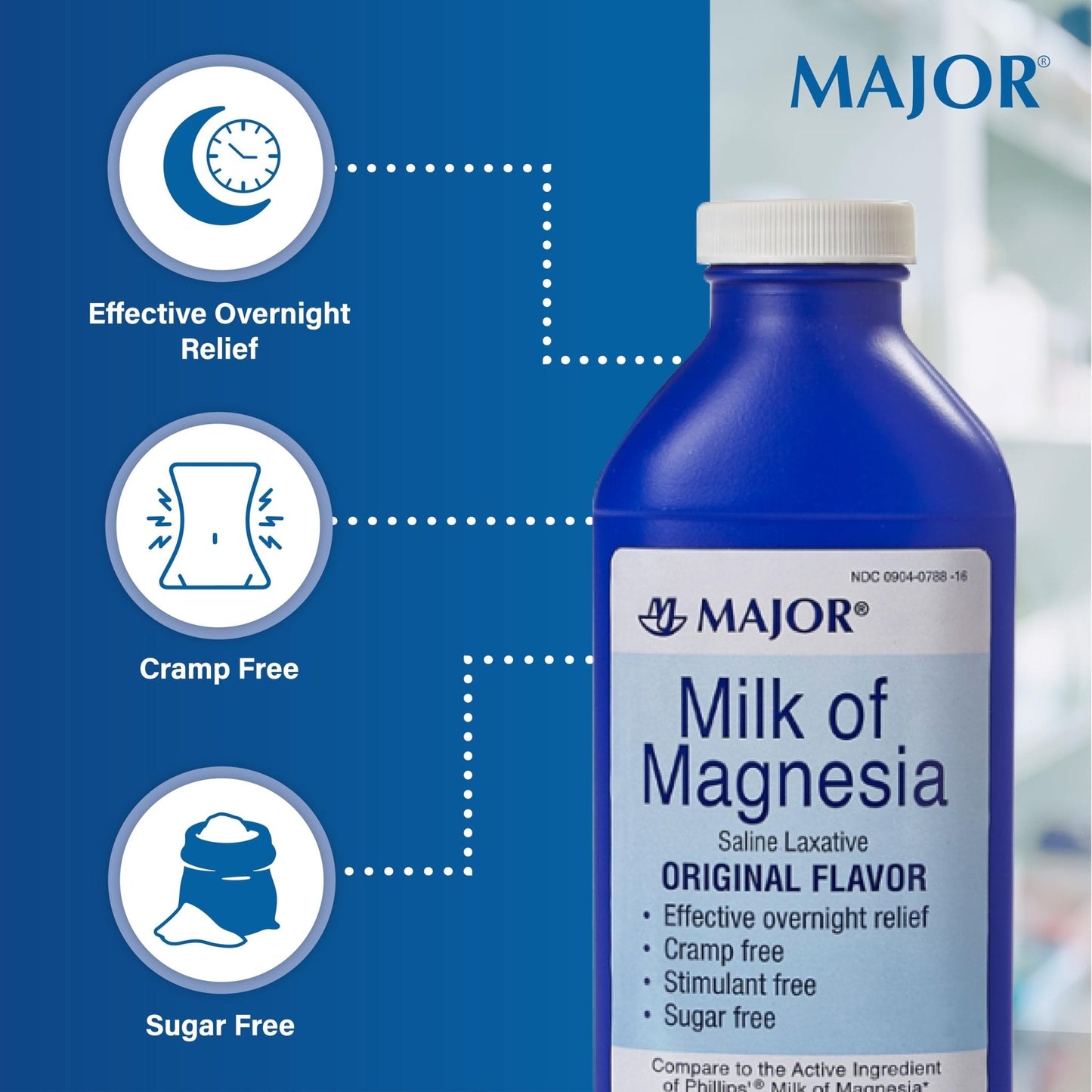 MAJOR Milk of Magnesia Saline Laxative - Original Flavor - Effective Overnight Relief - Stimulant-Free, Sugar-Free - 16 Fl Oz - Maple Wellness Supplements