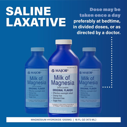 MAJOR Milk of Magnesia Saline Laxative - Original Flavor - Effective Overnight Relief - Stimulant-Free, Sugar-Free - 16 Fl Oz - Maple Wellness Supplements