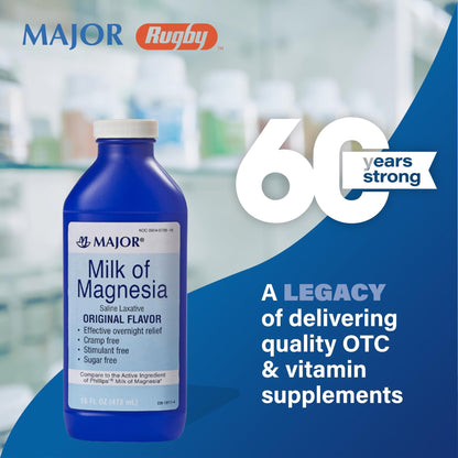 MAJOR Milk of Magnesia Saline Laxative - Original Flavor - Effective Overnight Relief - Stimulant-Free, Sugar-Free - 16 Fl Oz - Maple Wellness Supplements