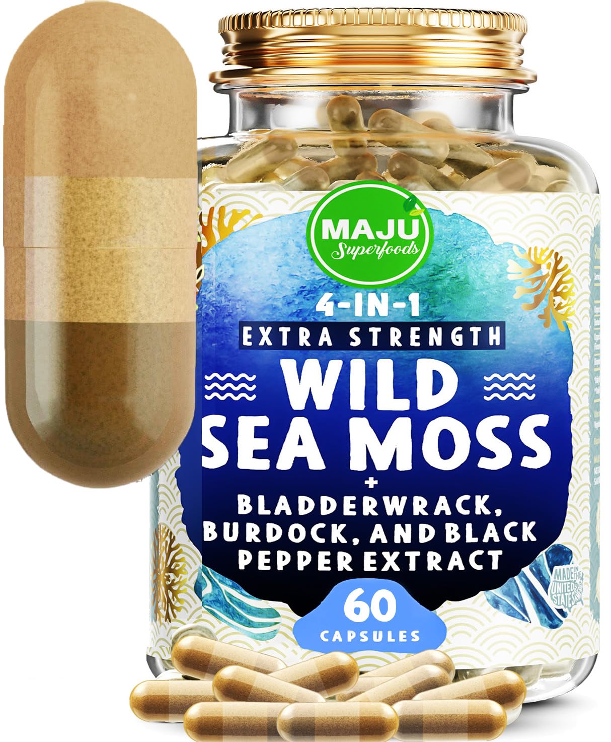 MAJU 4-in-1 Organic Sea Moss Capsules, Wild Chondrus Crispus, Seamoss - Maple Wellness Supplements