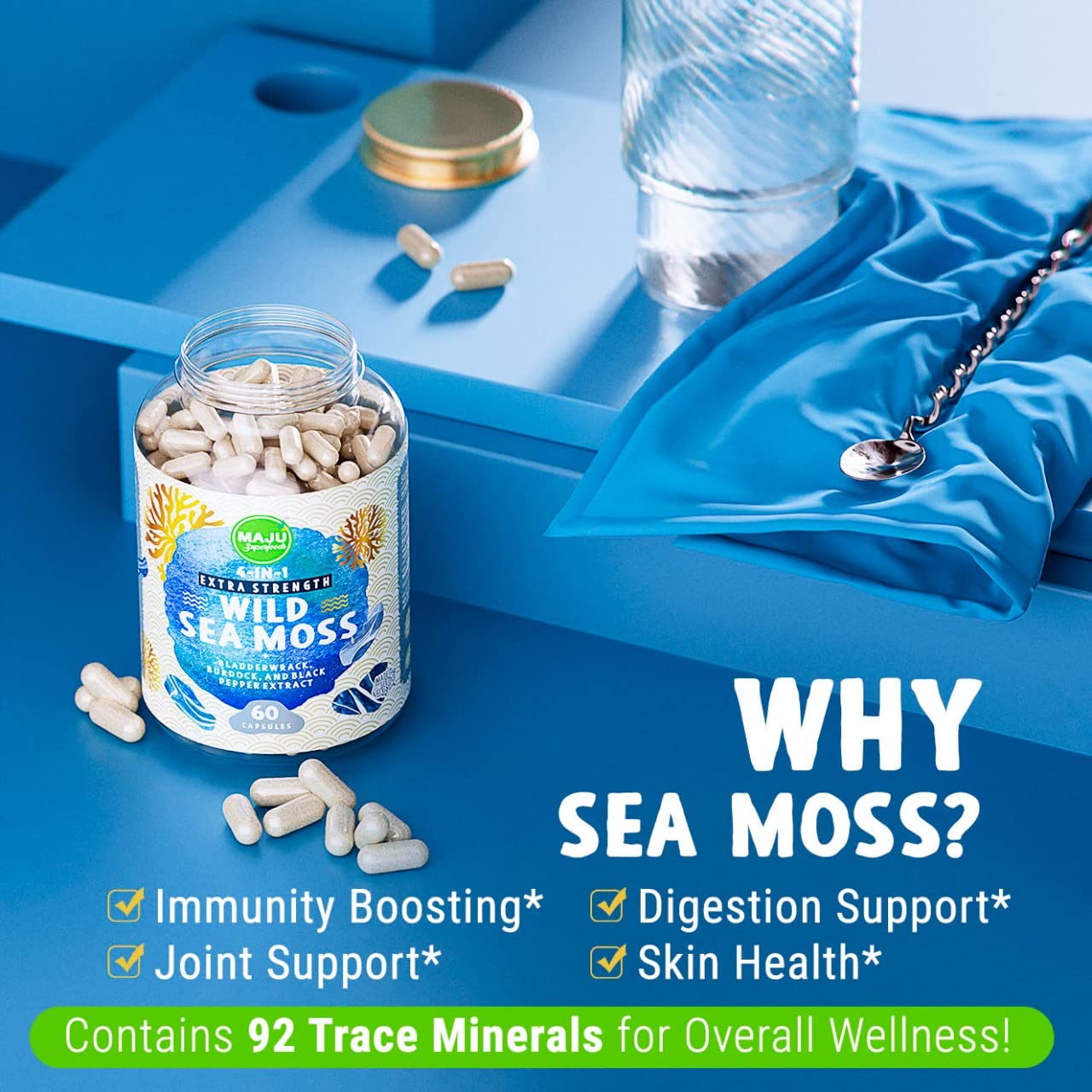 MAJU 4-in-1 Organic Sea Moss Capsules, Wild Chondrus Crispus, Seamoss - Maple Wellness Supplements