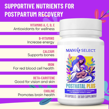 Mama's Select Postnatal Vitamins – Boosts Hair Recovery, Milk Supply, & Wellness – Allergen-Free, Vegan, MTHFR Friendly, Methylated Folate & B Vitamins, - Maple Wellness Supplements