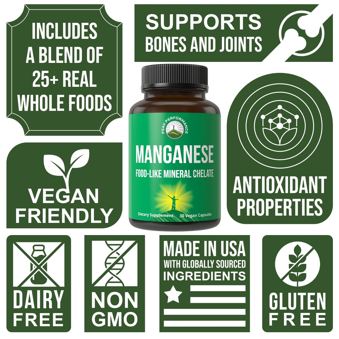 Manganese Supplement Food Like Mineral Chelated for Superior Absorption with Whole Food Blend of 25+ Fruits & Vegetables. Pure Trace Mineral Capsules for Connective Tissue, Bone Health, Enzyme Support - Maple Wellness Supplements