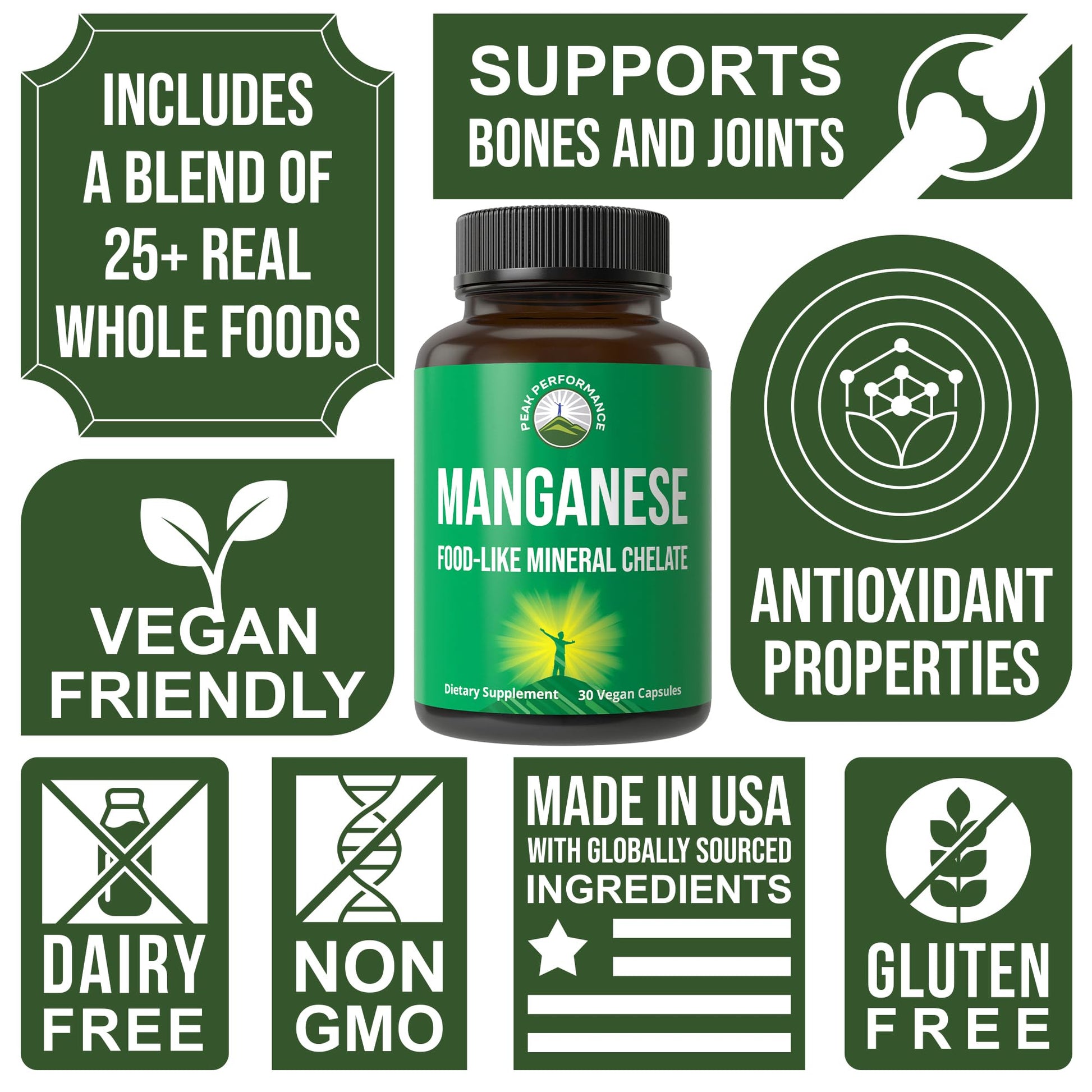 Manganese Supplement Food Like Mineral Chelated for Superior Absorption with Whole Food Blend of 25+ Fruits & Vegetables. Pure Trace Mineral Capsules for Connective Tissue, Bone Health, Enzyme Support - Maple Wellness Supplements