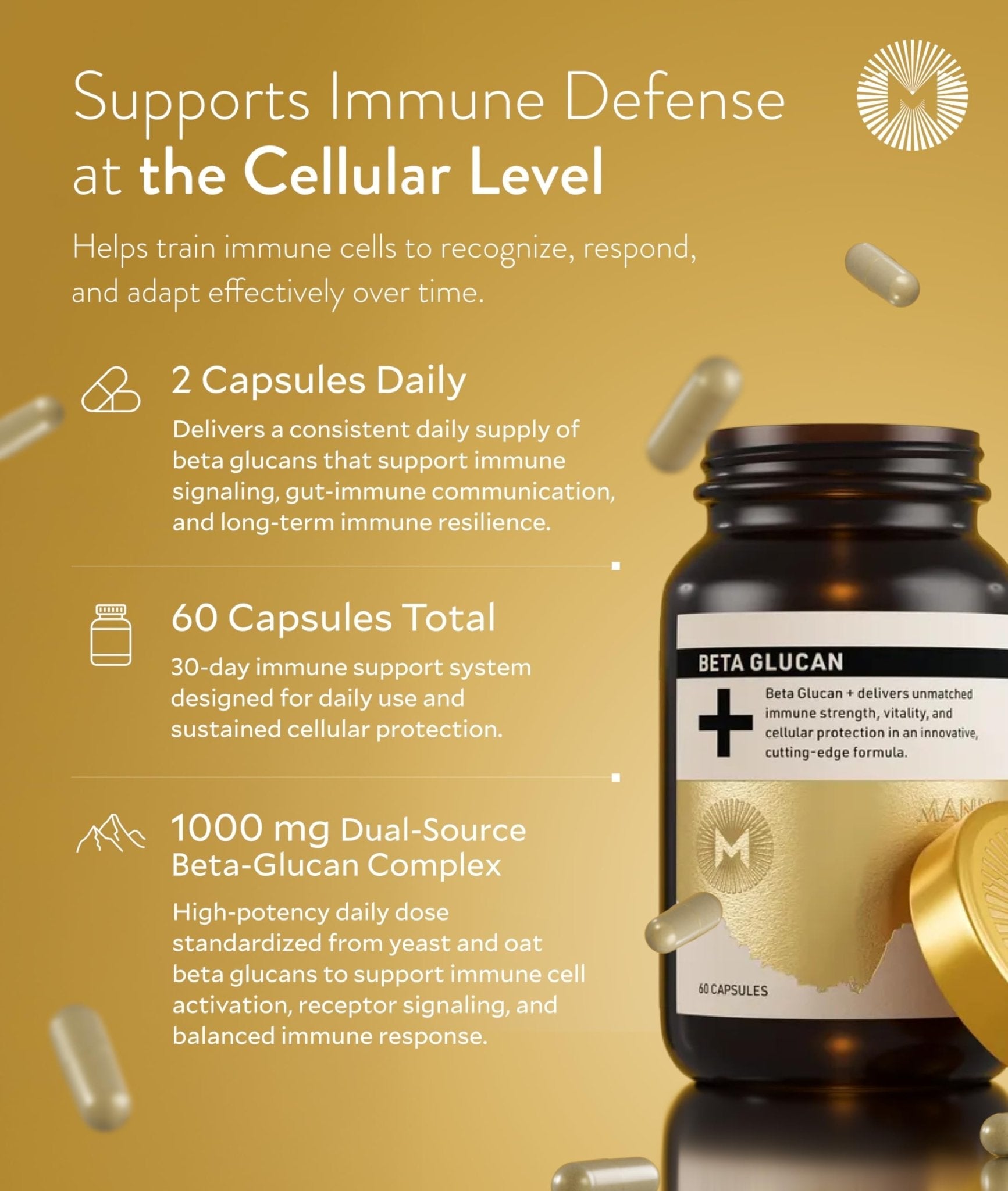 Manna Beta Glucan+ Capsules | 1000mg Beta Glucan Complex | Reishi Mushroom & Oats | Supplement for Immune Support, Heart Health, Cellular Renewal & Antioxidant Protection | 60 Count - Maple Wellness Supplements