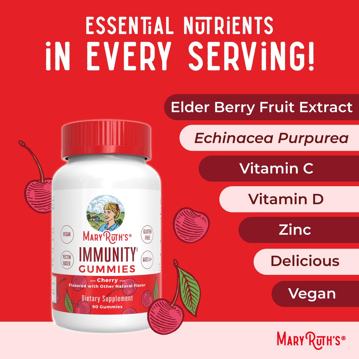 Mary Ruth's 5-1 Immunity Gummies with Elderberry for Kids & Adults | Cherry | Pectin Based | Vegan | 90 Count - Maple Wellness Supplements
