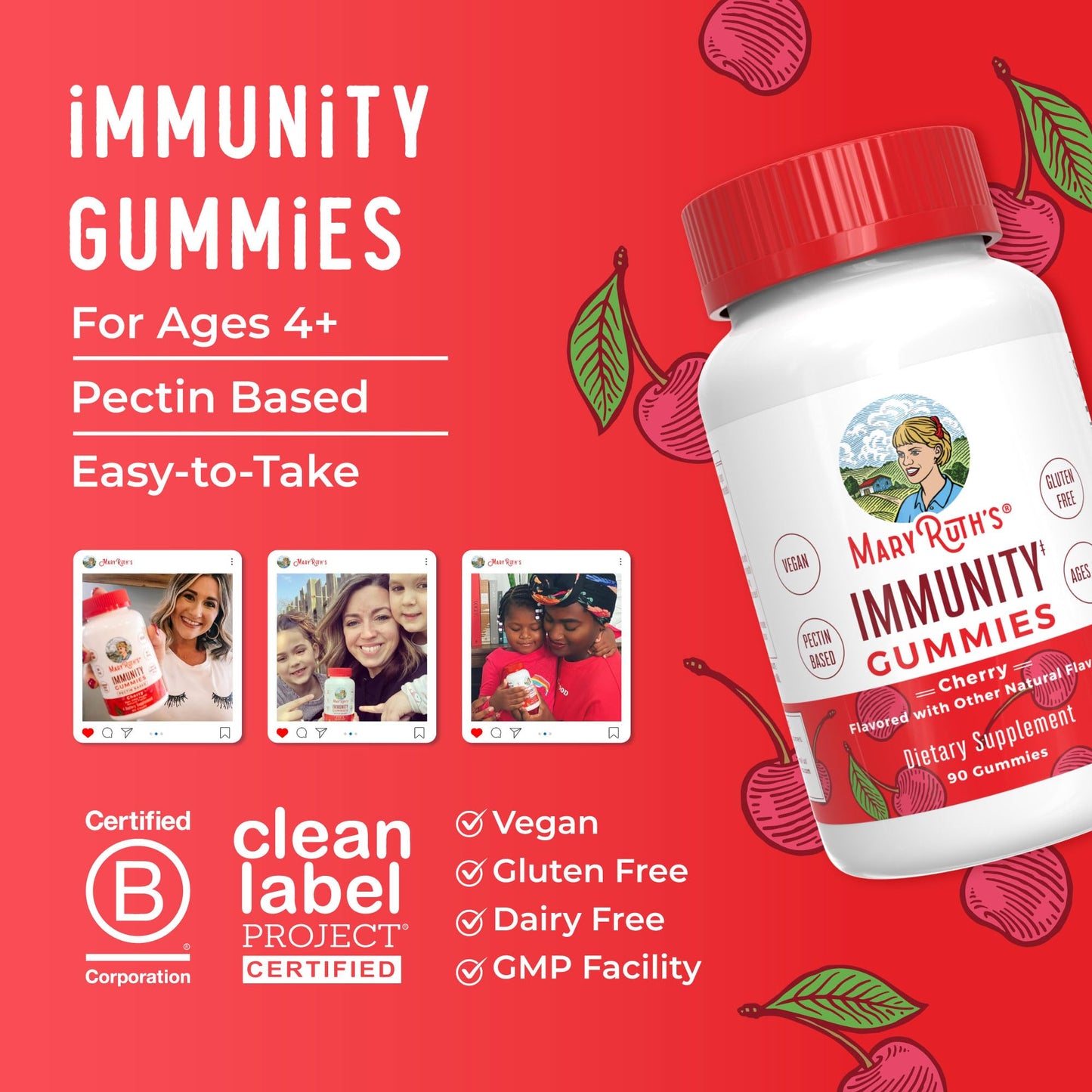 Mary Ruth's 5-1 Immunity Gummies with Elderberry for Kids & Adults | Cherry | Pectin Based | Vegan | 90 Count - Maple Wellness Supplements