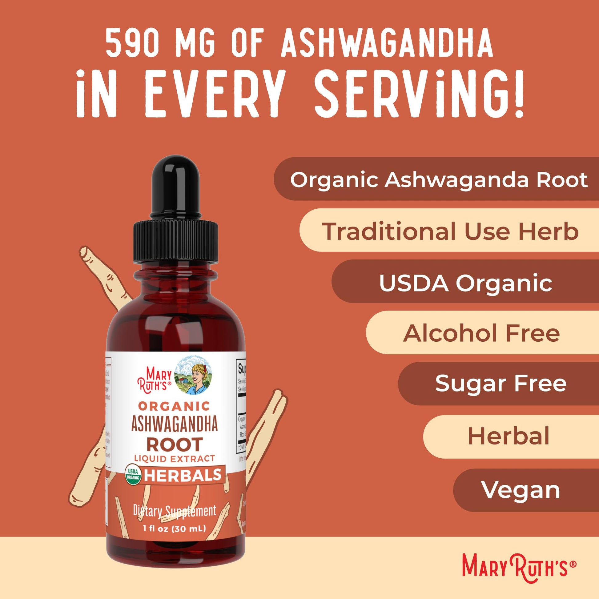 MaryRuth Organics Ashwagandha Root | USDA Organic Ashwagandha Liquid Drops | Stress Relief, Natural Calm, Relaxation and Mood Support Supplement | Adaptogenic | Nervine | Vegan | Non-GMO | 60 Servings - Maple Wellness Supplements