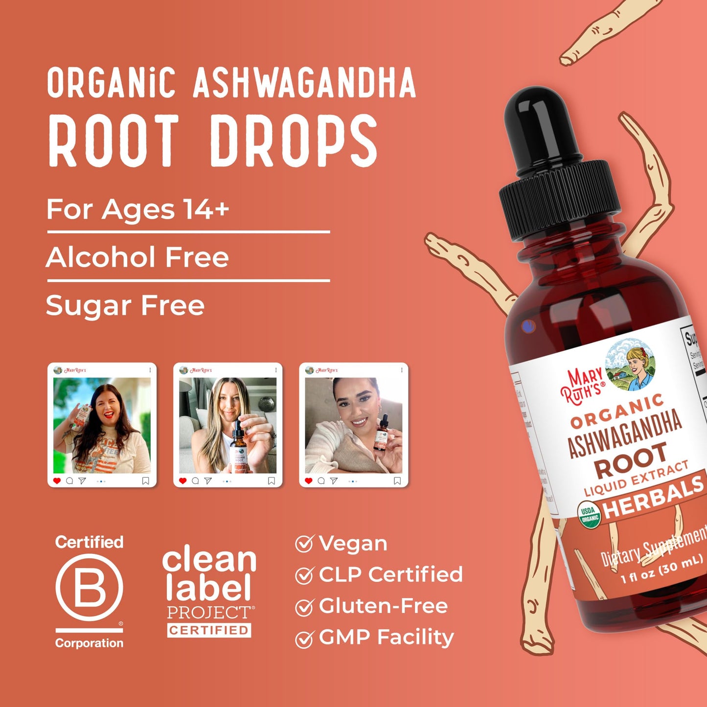 MaryRuth Organics Ashwagandha Root | USDA Organic Ashwagandha Liquid Drops | Stress Relief, Natural Calm, Relaxation and Mood Support Supplement | Adaptogenic | Nervine | Vegan | Non-GMO | 60 Servings - Maple Wellness Supplements