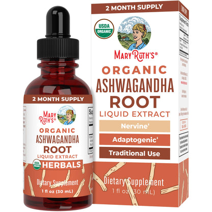 MaryRuth Organics Ashwagandha Root | USDA Organic Ashwagandha Liquid Drops | Stress Relief, Natural Calm, Relaxation and Mood Support Supplement | Adaptogenic | Nervine | Vegan | Non-GMO | 60 Servings - Maple Wellness Supplements