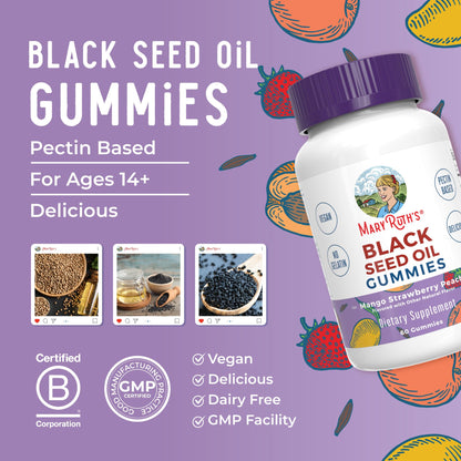MaryRuth Organics Black Seed Oil Gummies | Black Cumin Seed Oil Supplement | Traditionally Used for Immune Support & Cardiovascular Health | Vegan | No Gelatin | Pectin Based | 60 Gummies - Maple Wellness Supplements