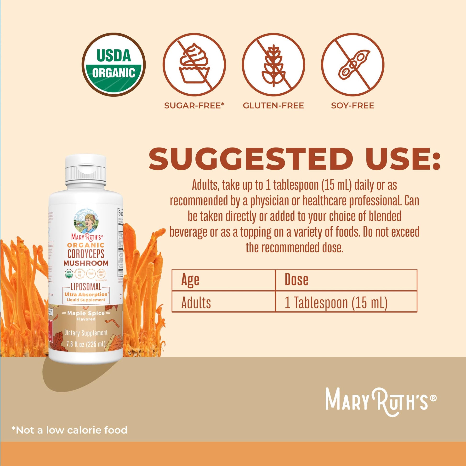 MaryRuth Organics Cordyceps Mushroom Supplement | Ultra Absorption Liposomal | Full Spectrum Mushroom | 200mg Beta-Glucans Per Serving | USDA Organic | Vegan | 7.6 oz | 15 Servings - Maple Wellness Supplements