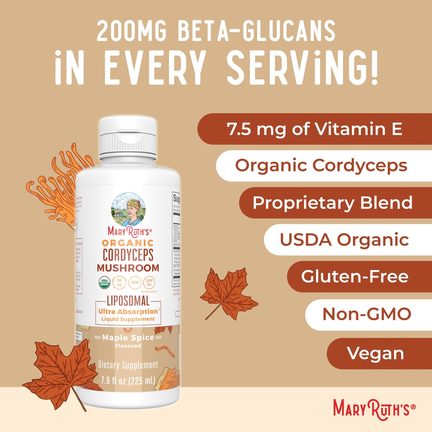 MaryRuth Organics Cordyceps Mushroom Supplement | Ultra Absorption Liposomal | Full Spectrum Mushroom | 200mg Beta-Glucans Per Serving | USDA Organic | Vegan | 7.6 oz | 15 Servings - Maple Wellness Supplements