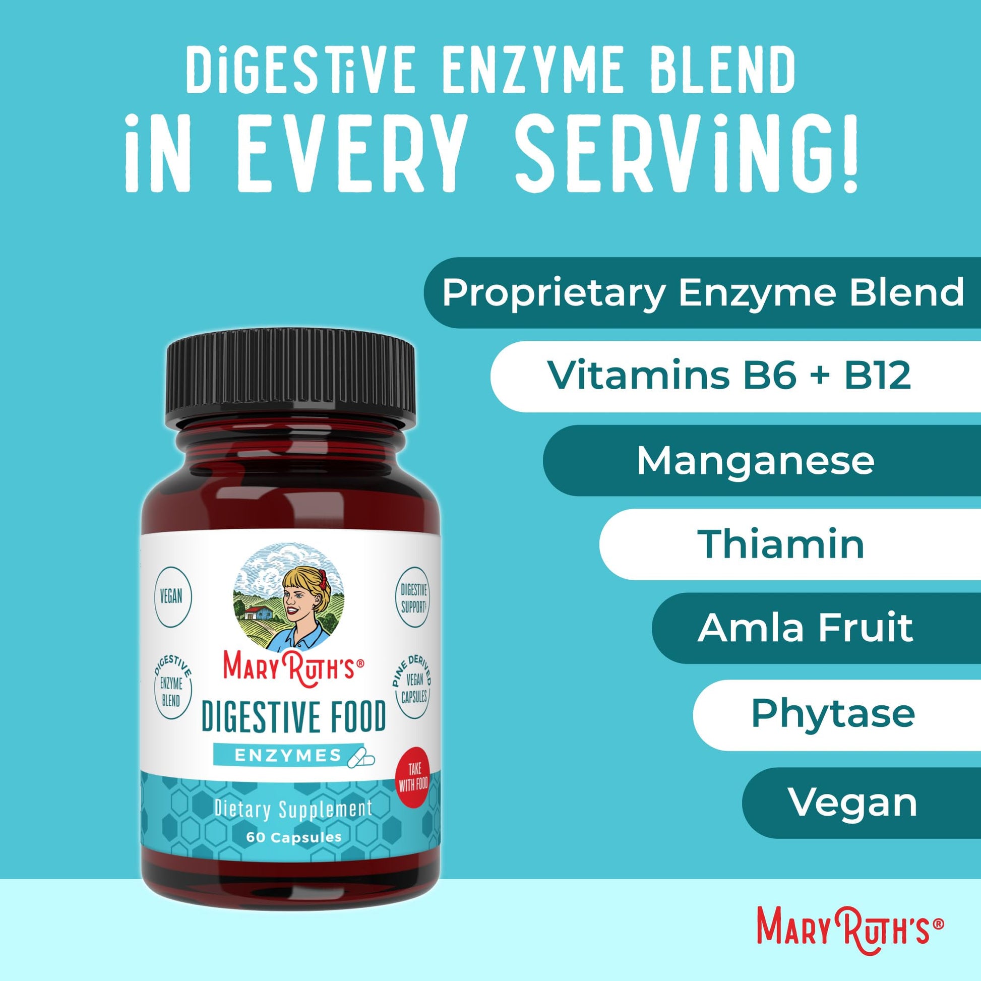 MaryRuth Organics Digestive Enzymes | Up to 2 Month Supply | Vegan Digestive Health Aid and Gut Health Enzyme Complex | Over 12 Enzymes | Vitamins B6 & B12 - Maple Wellness Supplements