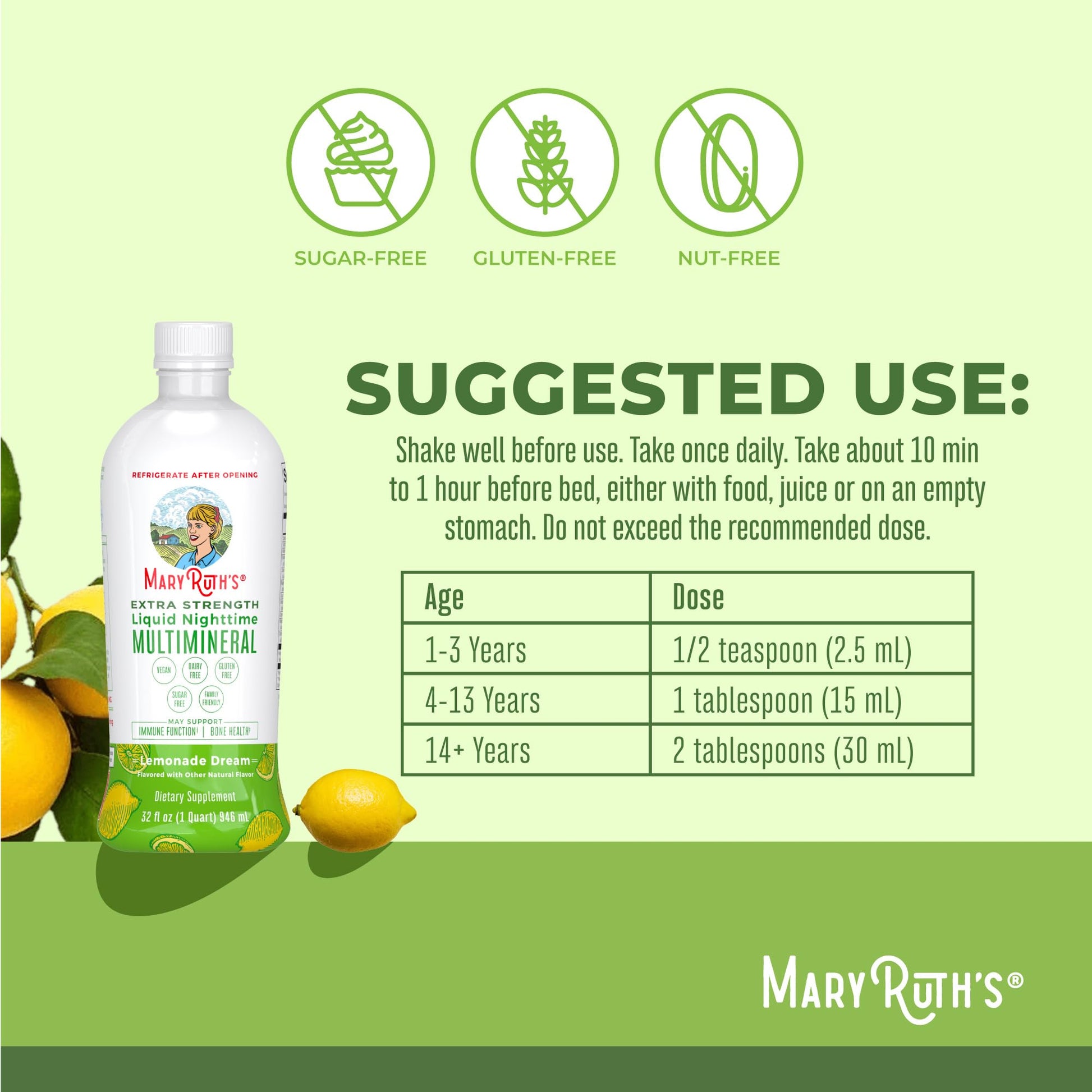 MaryRuth Organics Extra Strength Nighttime Liquid Multimineral | Sugar Free | Calm Magnesium Citrate | NO Melatonin | Calcium Magnesium Zinc | Muscle Relaxation | Lemonade Flavor | Vegan | 32 Serving - Maple Wellness Supplements