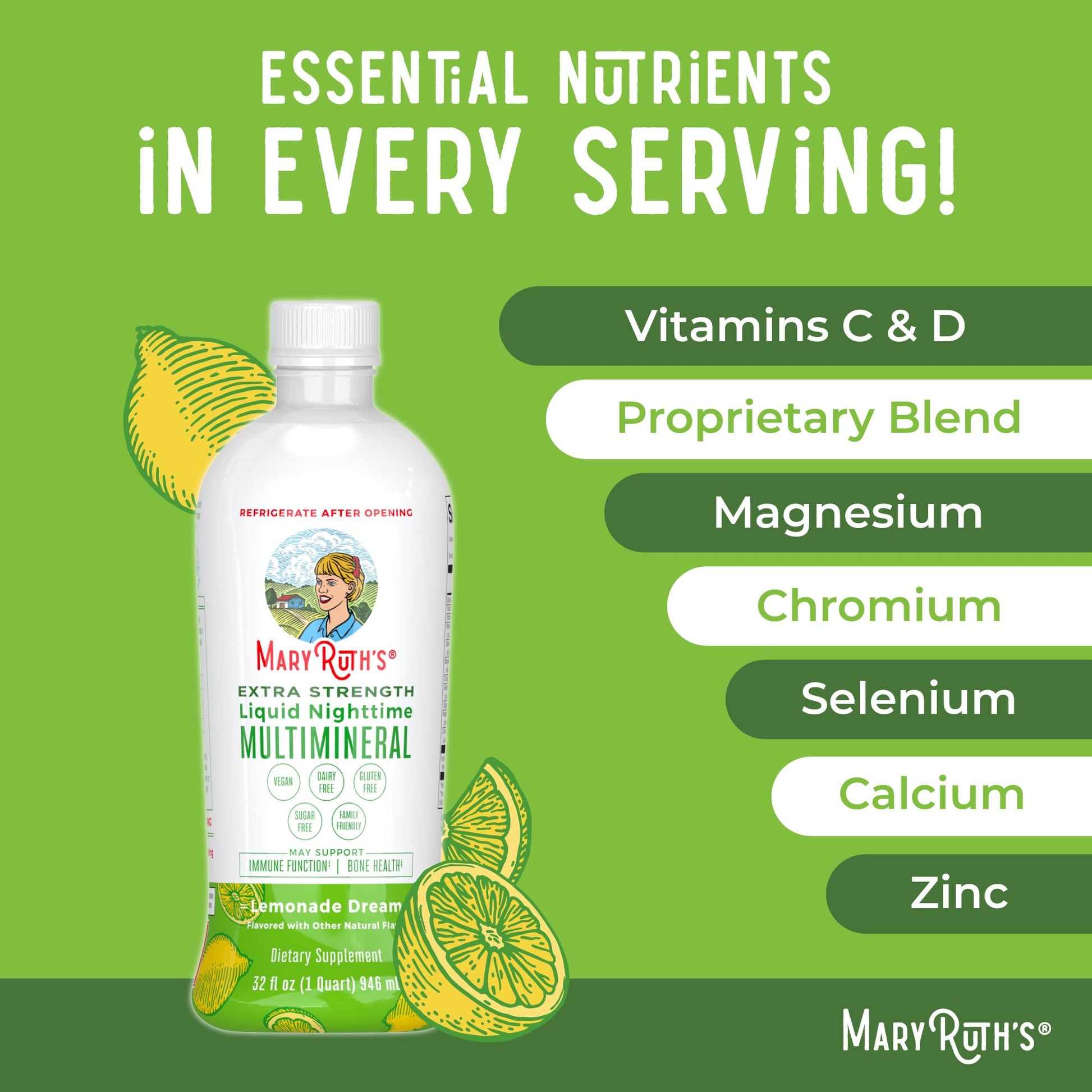 MaryRuth Organics Extra Strength Nighttime Liquid Multimineral | Sugar Free | Calm Magnesium Citrate | NO Melatonin | Calcium Magnesium Zinc | Muscle Relaxation | Lemonade Flavor | Vegan | 32 Serving - Maple Wellness Supplements