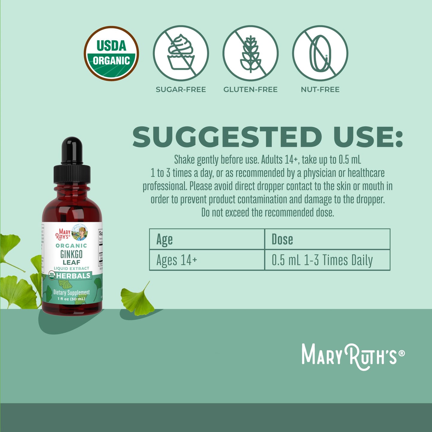 MaryRuth Organics Ginkgo Leaf Liquid Drops | Herbal Supplement | Nootropic | Circulatory System & Nervous System Health | USDA Organic | Non-GMO | Vegan | 60 Servings - Maple Wellness Supplements