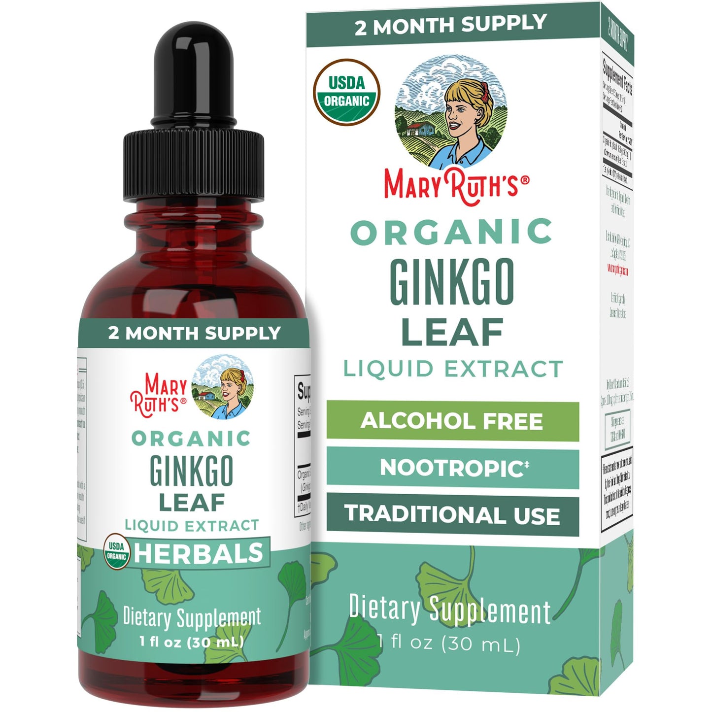 MaryRuth Organics Ginkgo Leaf Liquid Drops | Herbal Supplement | Nootropic | Circulatory System & Nervous System Health | USDA Organic | Non-GMO | Vegan | 60 Servings - Maple Wellness Supplements