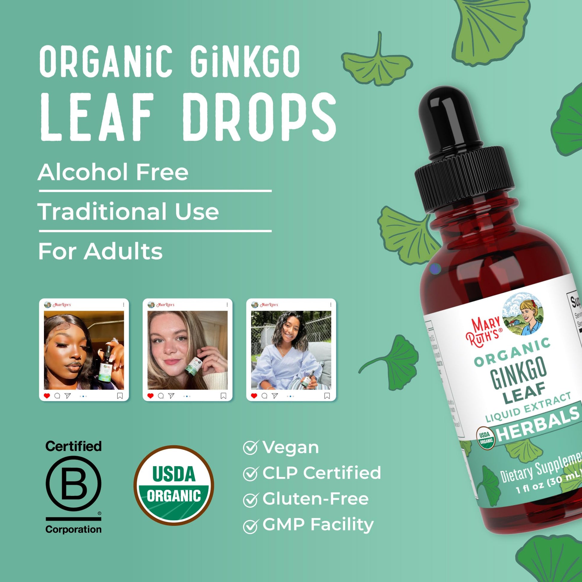 MaryRuth Organics Ginkgo Leaf Liquid Drops | Herbal Supplement | Nootropic | Circulatory System & Nervous System Health | USDA Organic | Non-GMO | Vegan | 60 Servings - Maple Wellness Supplements