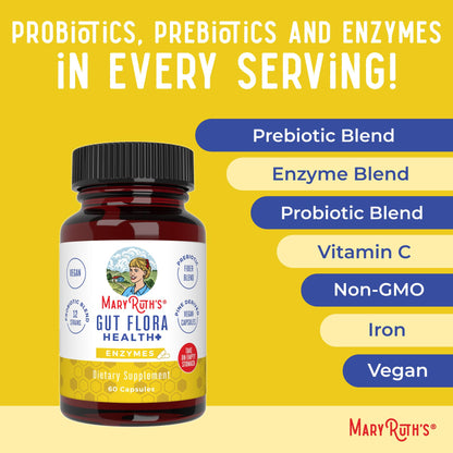MaryRuth Organics Gut Flora Health+ Enzymes | Up to 2 Month Supply | Prebiotic Probiotic Digestive Enzymes Blend for Healthy Gut Biome & Digestive Support | Gastrointestinal Health | 60 Capsules - Maple Wellness Supplements