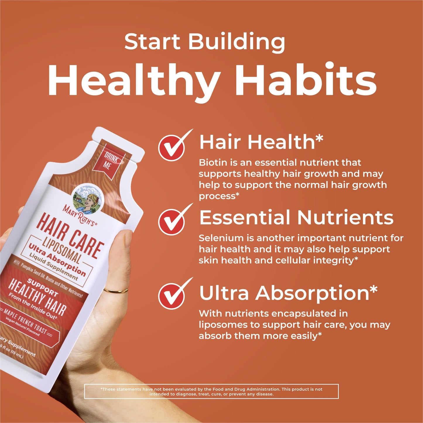 MaryRuth Organics Hair Growth Vitamins, Sugar & Gluten Free, Liquid Hair Vitamins with Vitamin D3, Vitamin E Biotin Hyaluronic Acid, Selenium for Hair & Skin Care Vegan, Non-GMO, 14-0.5 Fl Oz Pouches - Maple Wellness Supplements