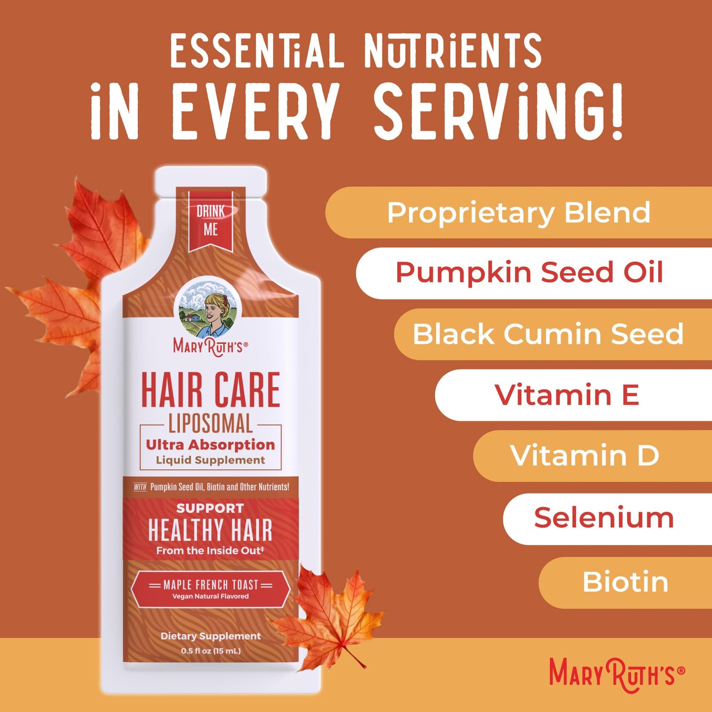 MaryRuth Organics Hair Growth Vitamins, Sugar & Gluten Free, Liquid Hair Vitamins with Vitamin D3, Vitamin E Biotin Hyaluronic Acid, Selenium for Hair & Skin Care Vegan, Non-GMO, 14-0.5 Fl Oz Pouches - Maple Wellness Supplements