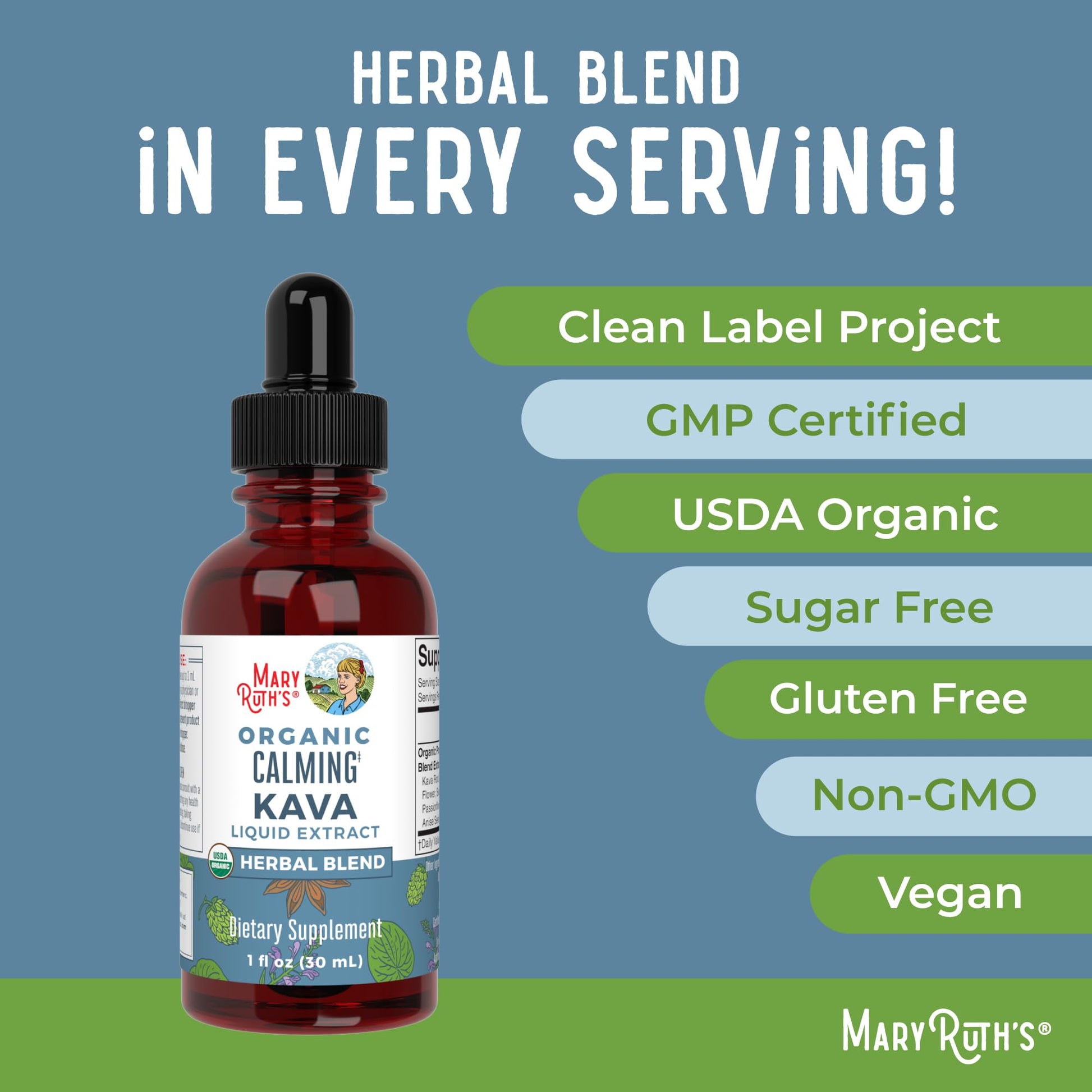 MaryRuth Organics, Herbal Supplement Drop, Calmness & Relaxation, Pack of 1, USDA Kava Root, Sugar/Gluten Free, Support Sleep, Calm & Stress Relief, Vegan, Non-GMO, 30 Servings - Maple Wellness Supplements
