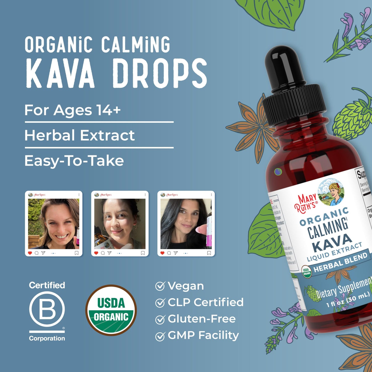 MaryRuth Organics, Herbal Supplement Drop, Calmness & Relaxation, Pack of 1, USDA Kava Root, Sugar/Gluten Free, Support Sleep, Calm & Stress Relief, Vegan, Non-GMO, 30 Servings - Maple Wellness Supplements