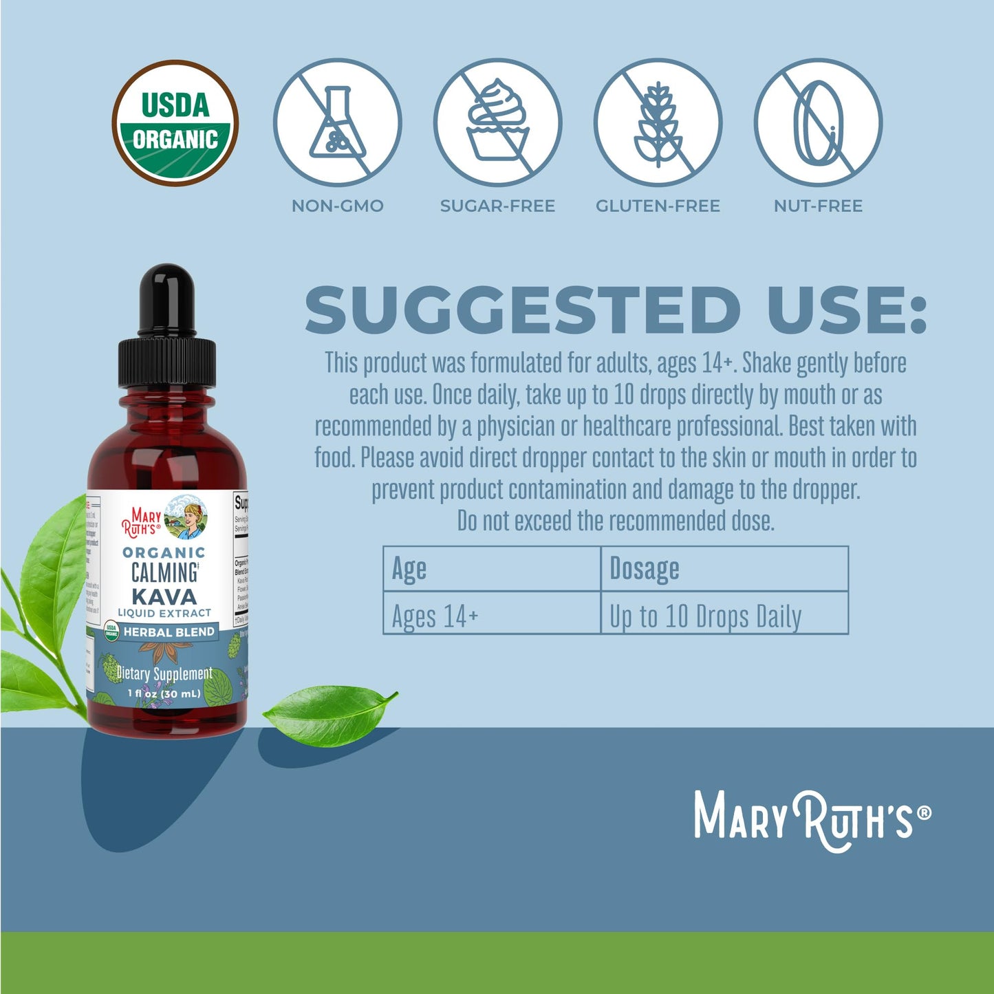 MaryRuth Organics, Herbal Supplement Drop, Calmness & Relaxation, Pack of 1, USDA Kava Root, Sugar/Gluten Free, Support Sleep, Calm & Stress Relief, Vegan, Non-GMO, 30 Servings - Maple Wellness Supplements