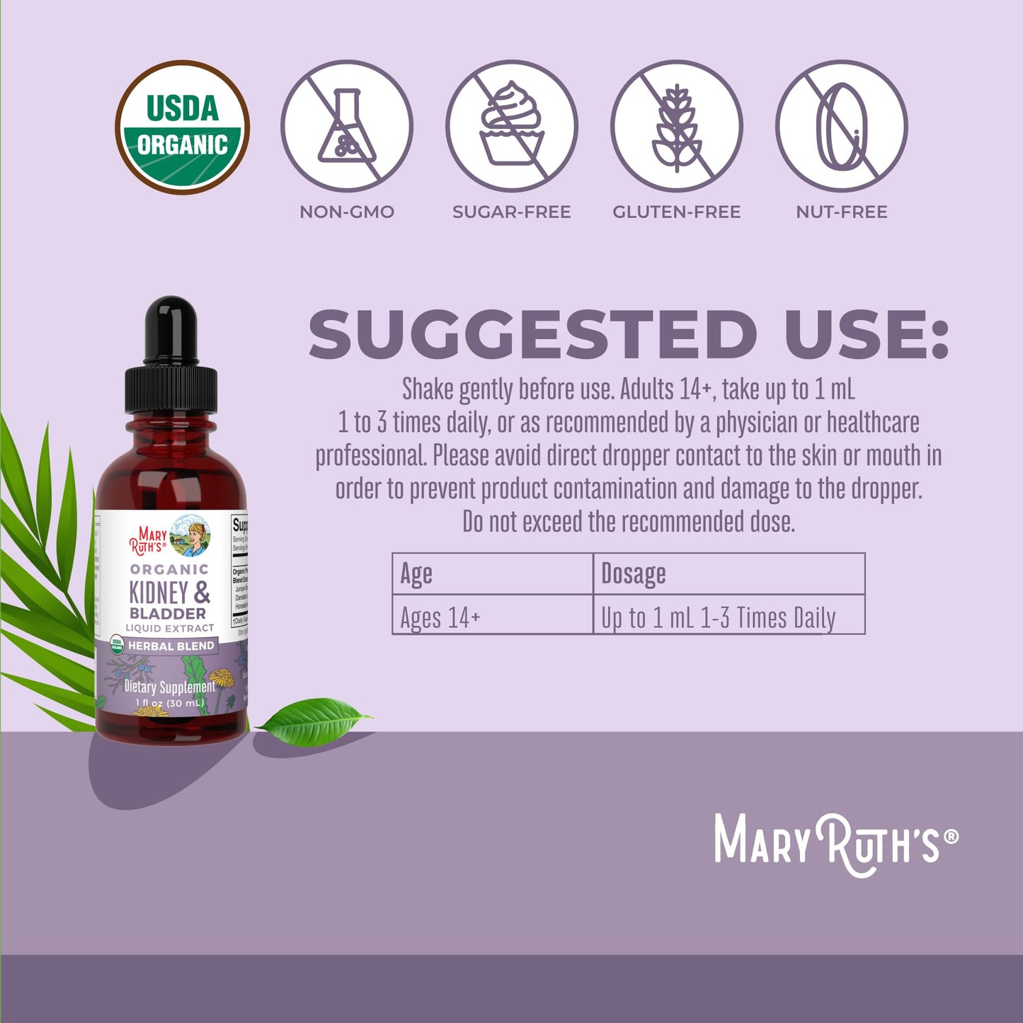 MaryRuth Organics Herbal Supplement Drops | Support Renal & Urinary Systems | Juniper Berry | Cleavers | Dandelion | Hawthorn | Horsetail & Chanca Piedra | Vegan | Non-GMO | 1 Fl Oz - Maple Wellness Supplements