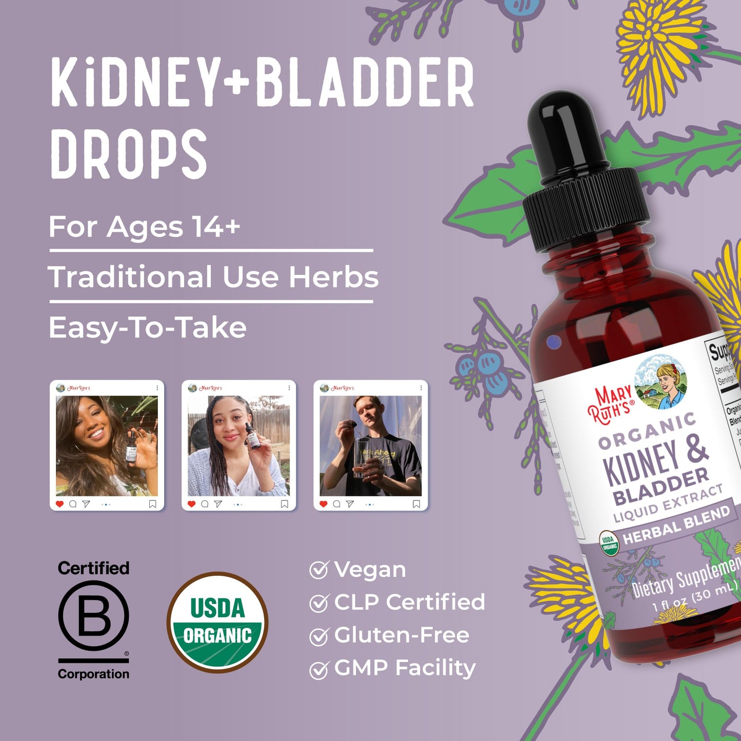 MaryRuth Organics Herbal Supplement Drops | Support Renal & Urinary Systems | Juniper Berry | Cleavers | Dandelion | Hawthorn | Horsetail & Chanca Piedra | Vegan | Non-GMO | 1 Fl Oz - Maple Wellness Supplements