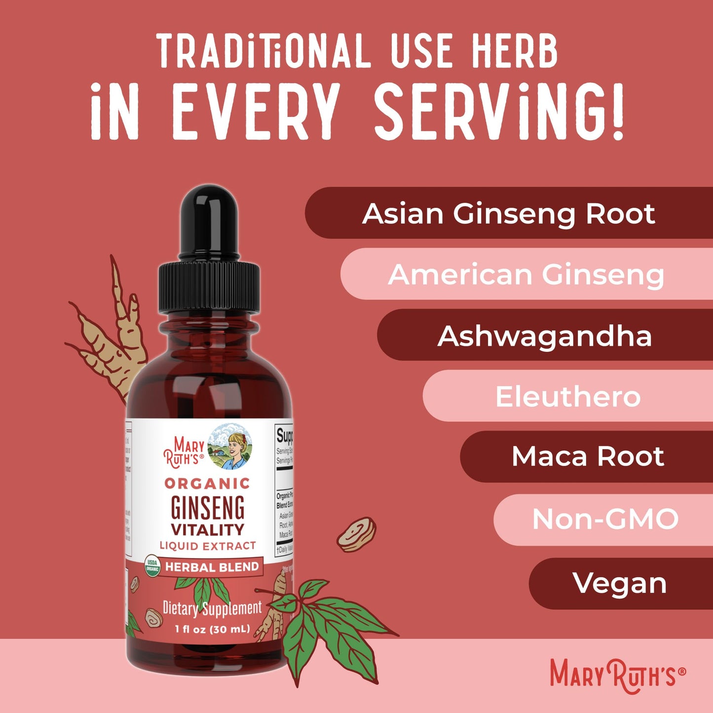 MaryRuth Organics Herbal Supplement for Brain Function | Boost Energy | Memory | Vitality USDA | Ginseng with Ashwagandha | Eleuthero and Maca Root Extract | 1 Fl Oz - Maple Wellness Supplements