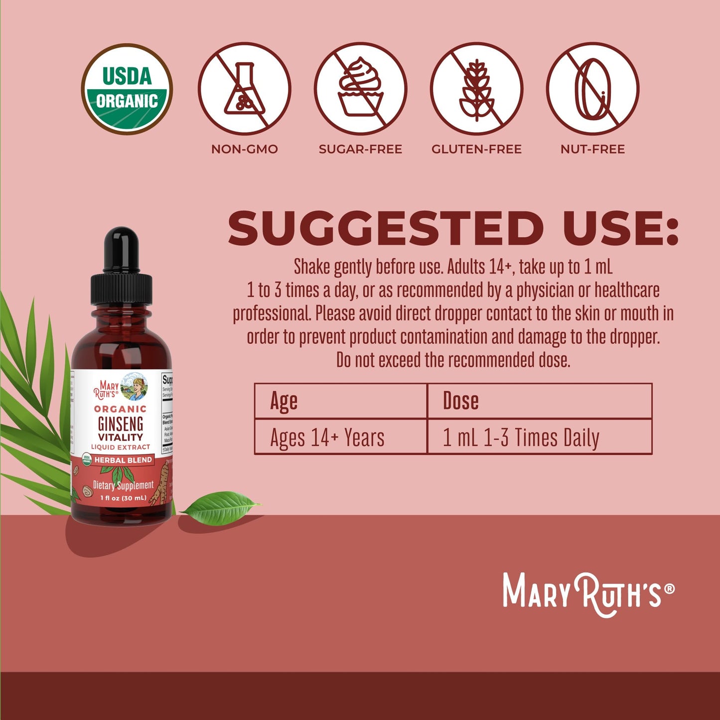 MaryRuth Organics Herbal Supplement for Brain Function | Boost Energy | Memory | Vitality USDA | Ginseng with Ashwagandha | Eleuthero and Maca Root Extract | 1 Fl Oz - Maple Wellness Supplements