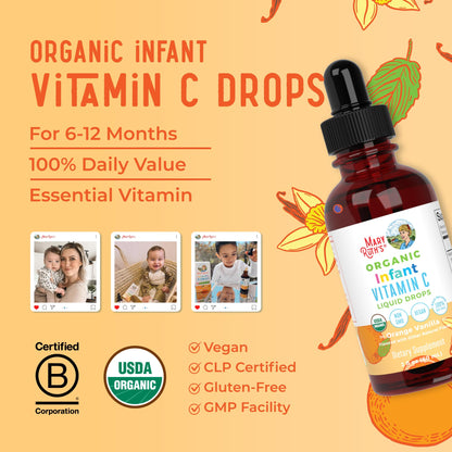 MaryRuth Organics Infant & Baby Vitamin C Supplement | USDA Organic Vitamin C Liquid Drops for Infants | Ages 6-12 Months | Immune Support | Overall Health | Vegan | Non-GMO | Gluten Free | 2 Fl Oz - Maple Wellness Supplements