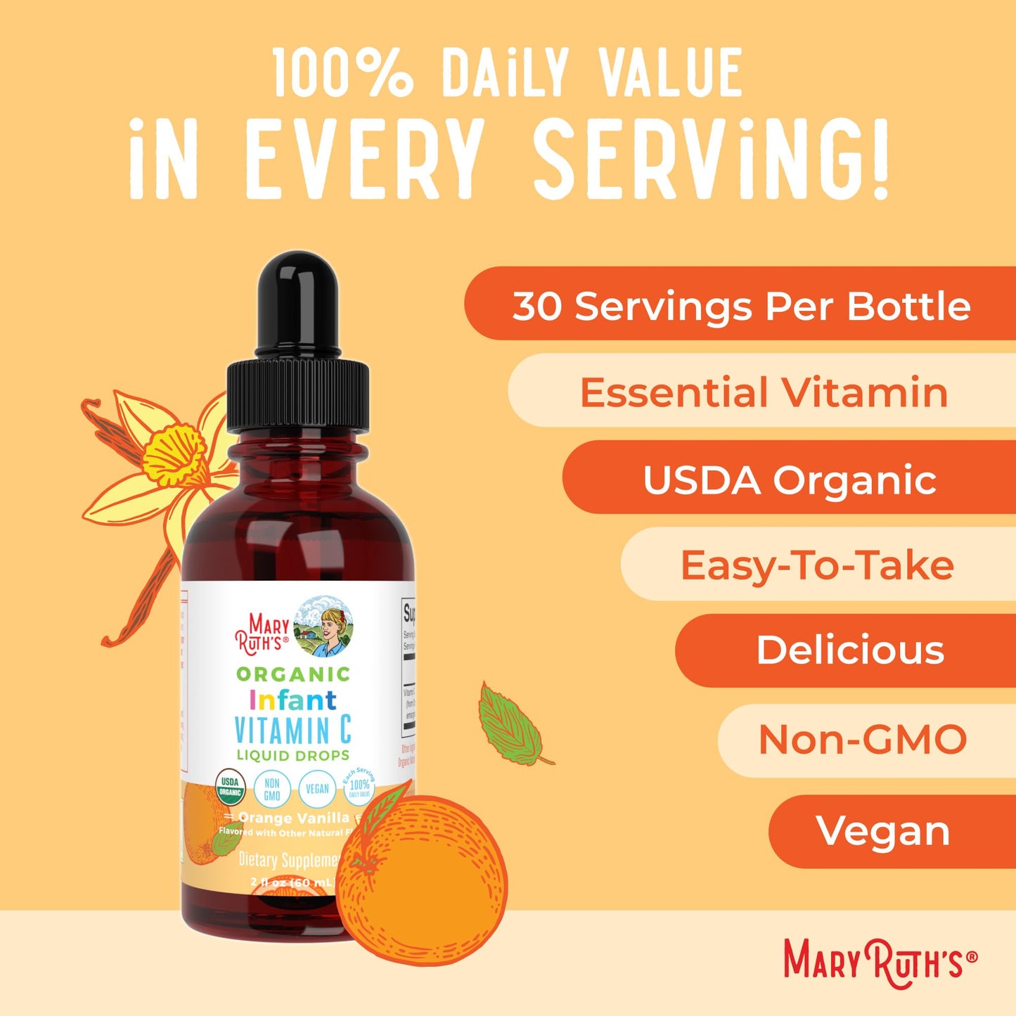 MaryRuth Organics Infant & Baby Vitamin C Supplement | USDA Organic Vitamin C Liquid Drops for Infants | Ages 6-12 Months | Immune Support | Overall Health | Vegan | Non-GMO | Gluten Free | 2 Fl Oz - Maple Wellness Supplements
