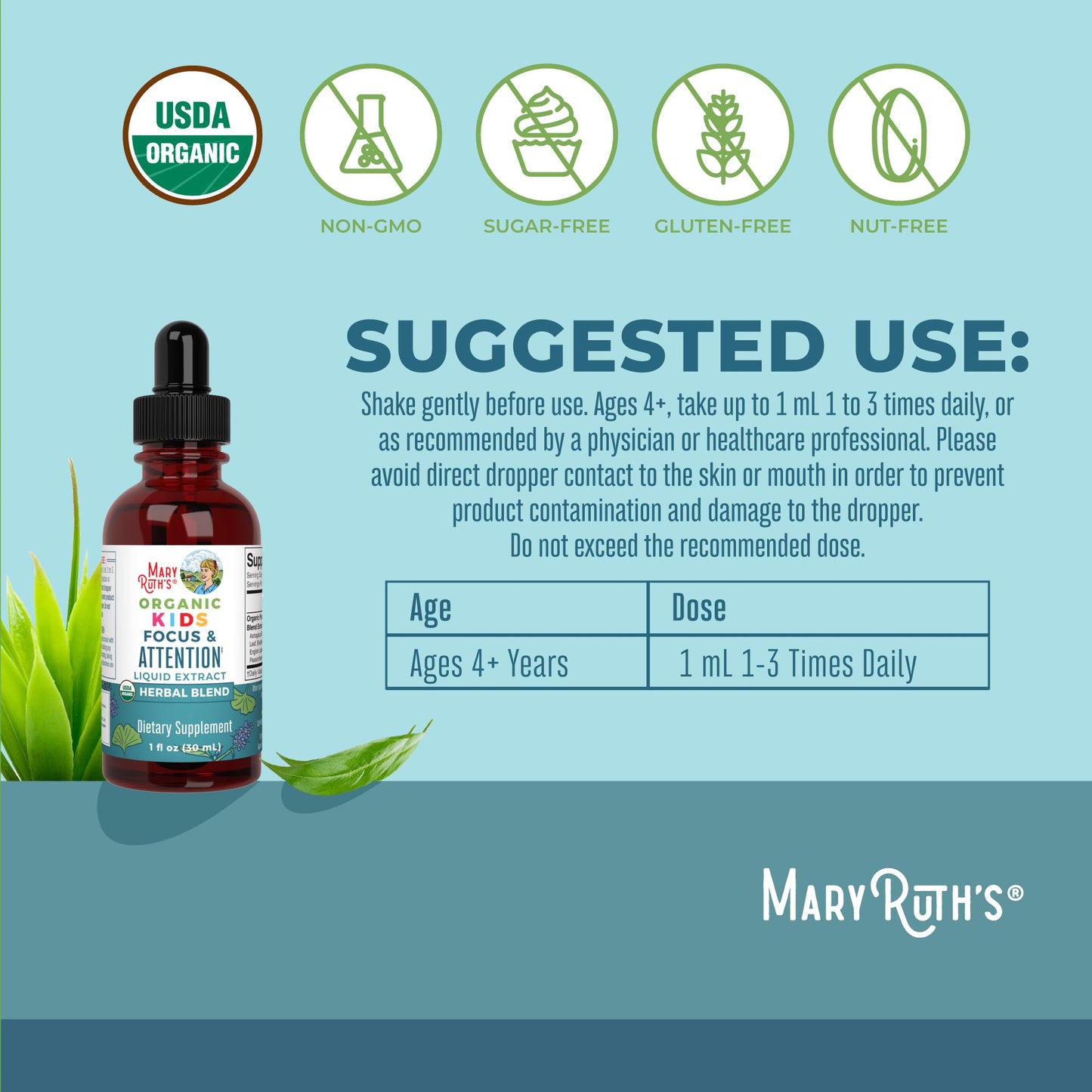 MaryRuth Organics Kids Focus & Attention Drops | USDA Organic Drops | Ginkgo Biloba | Rhodiola Root & Licorice Root | Adaptogenic | Calm | Vegan | Non-GMO | Gluten Free | 30 Servings - Maple Wellness Supplements
