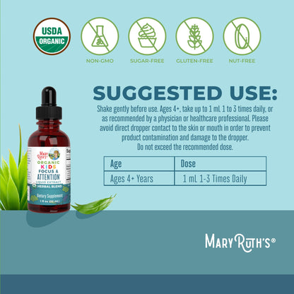 MaryRuth Organics Kids Focus & Attention Drops | USDA Organic Drops | Ginkgo Biloba | Rhodiola Root & Licorice Root | Adaptogenic | Calm | Vegan | Non-GMO | Gluten Free | 30 Servings - Maple Wellness Supplements