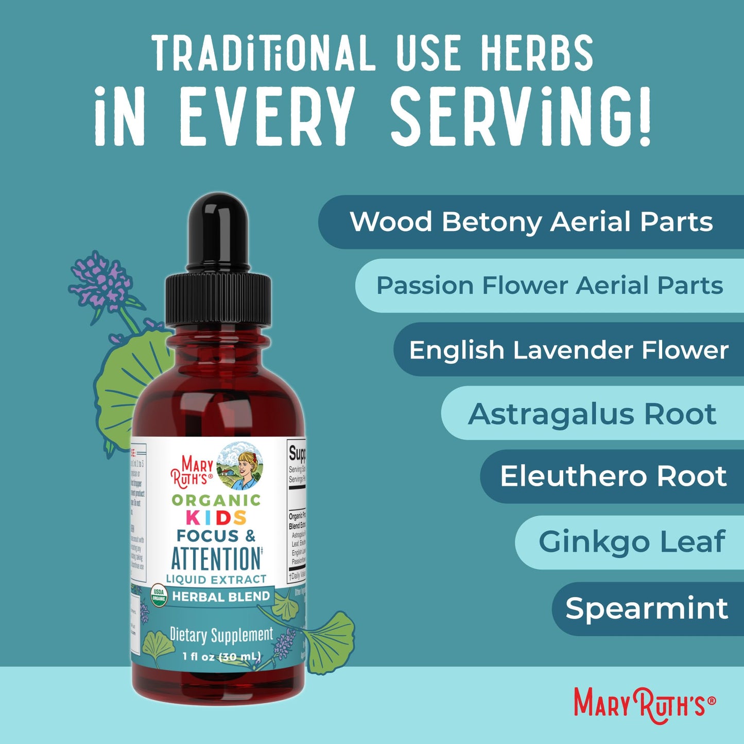 MaryRuth Organics Kids Focus & Attention Drops | USDA Organic Drops | Ginkgo Biloba | Rhodiola Root & Licorice Root | Adaptogenic | Calm | Vegan | Non-GMO | Gluten Free | 30 Servings - Maple Wellness Supplements