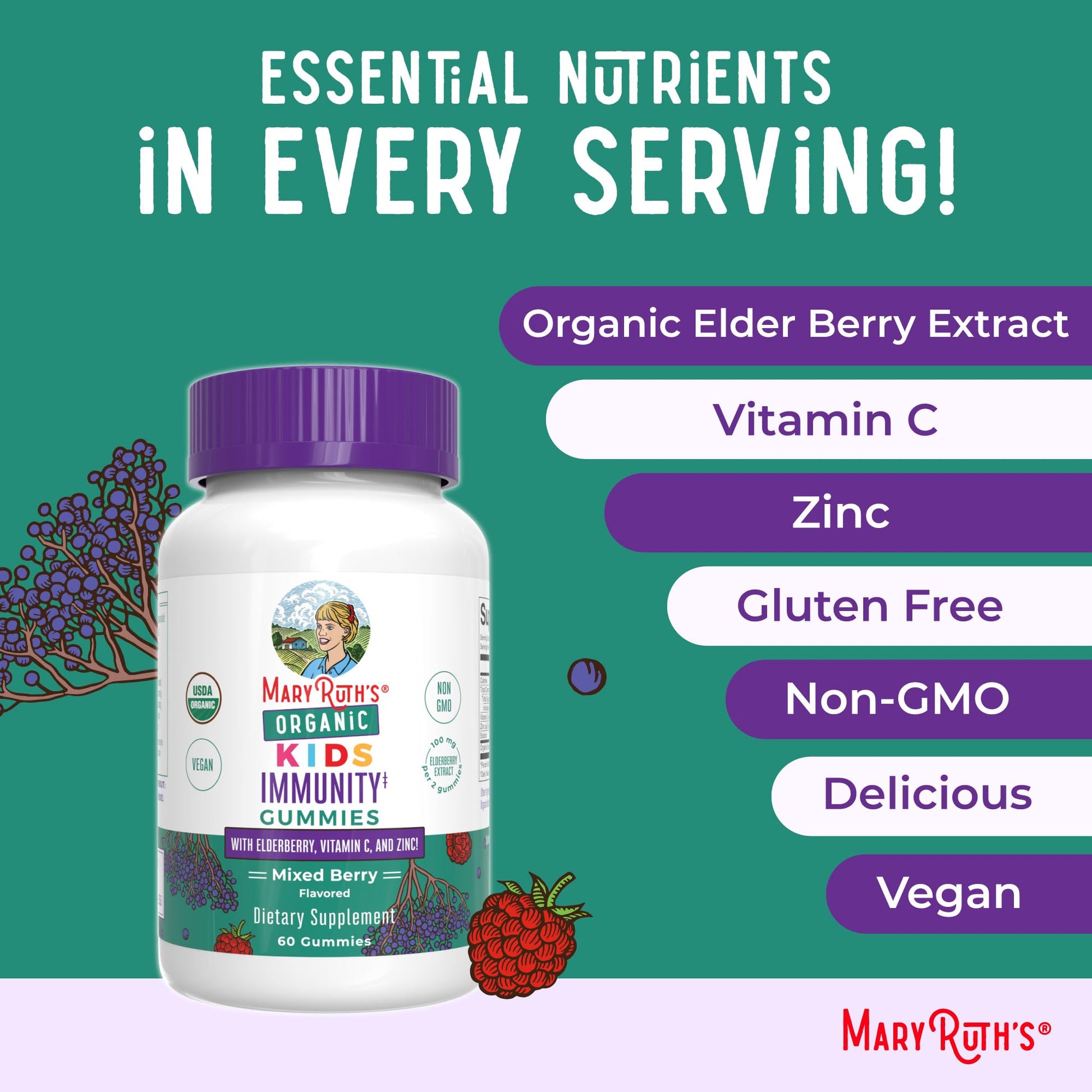 MaryRuth Organics Kids Immune Support Gummies | USDA Organic | Vitamin C, Zinc, and Elderberry Gummies for Kids| Immune Support for Ages 4+ | Vegan - Maple Wellness Supplements