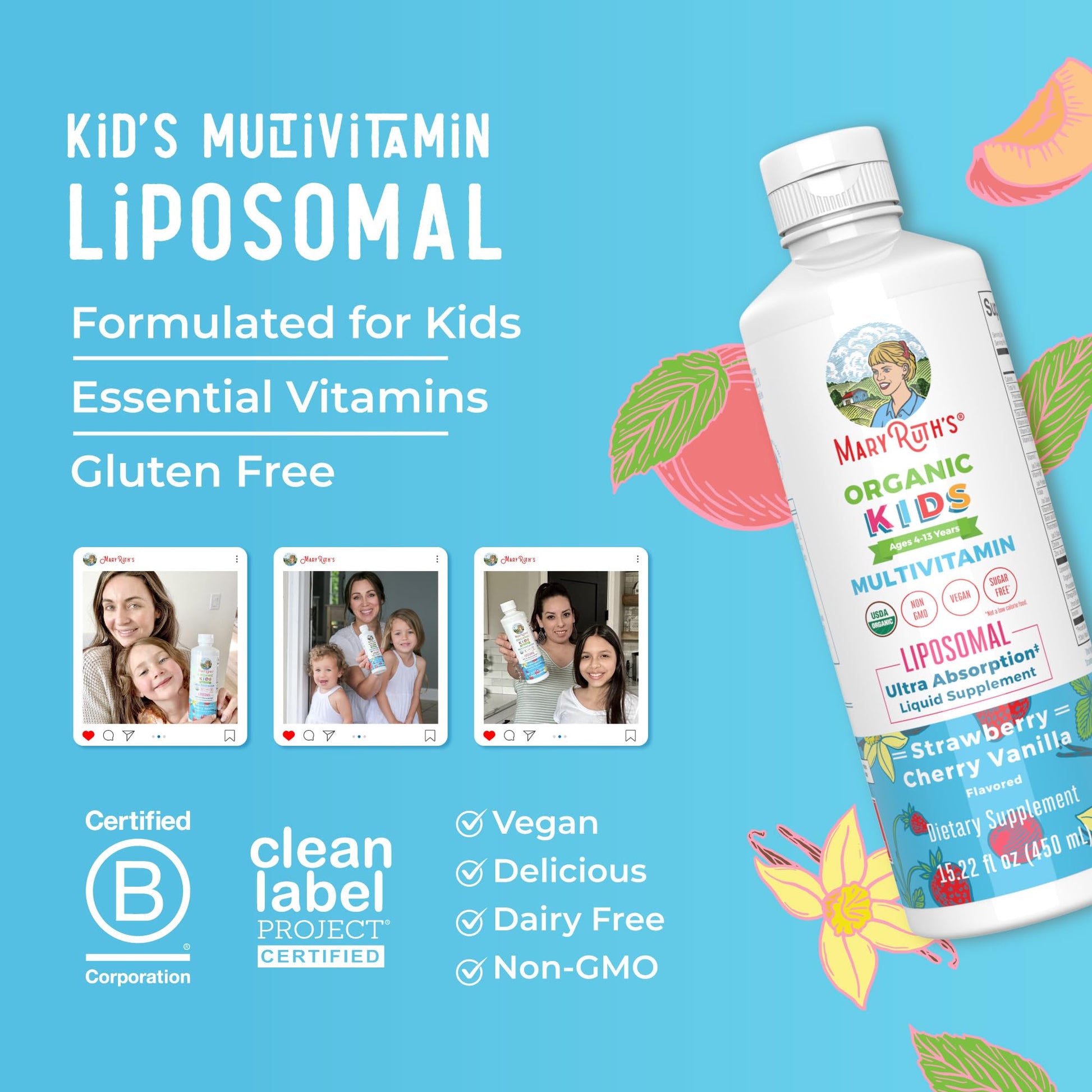 MaryRuth Organics Kids Multivitamin Liposomal | Vegan, Sugar-Free Vitamins for Kids | Ages 4+ | 2 Month Supply | 15.22 Fl Oz - Maple Wellness Supplements