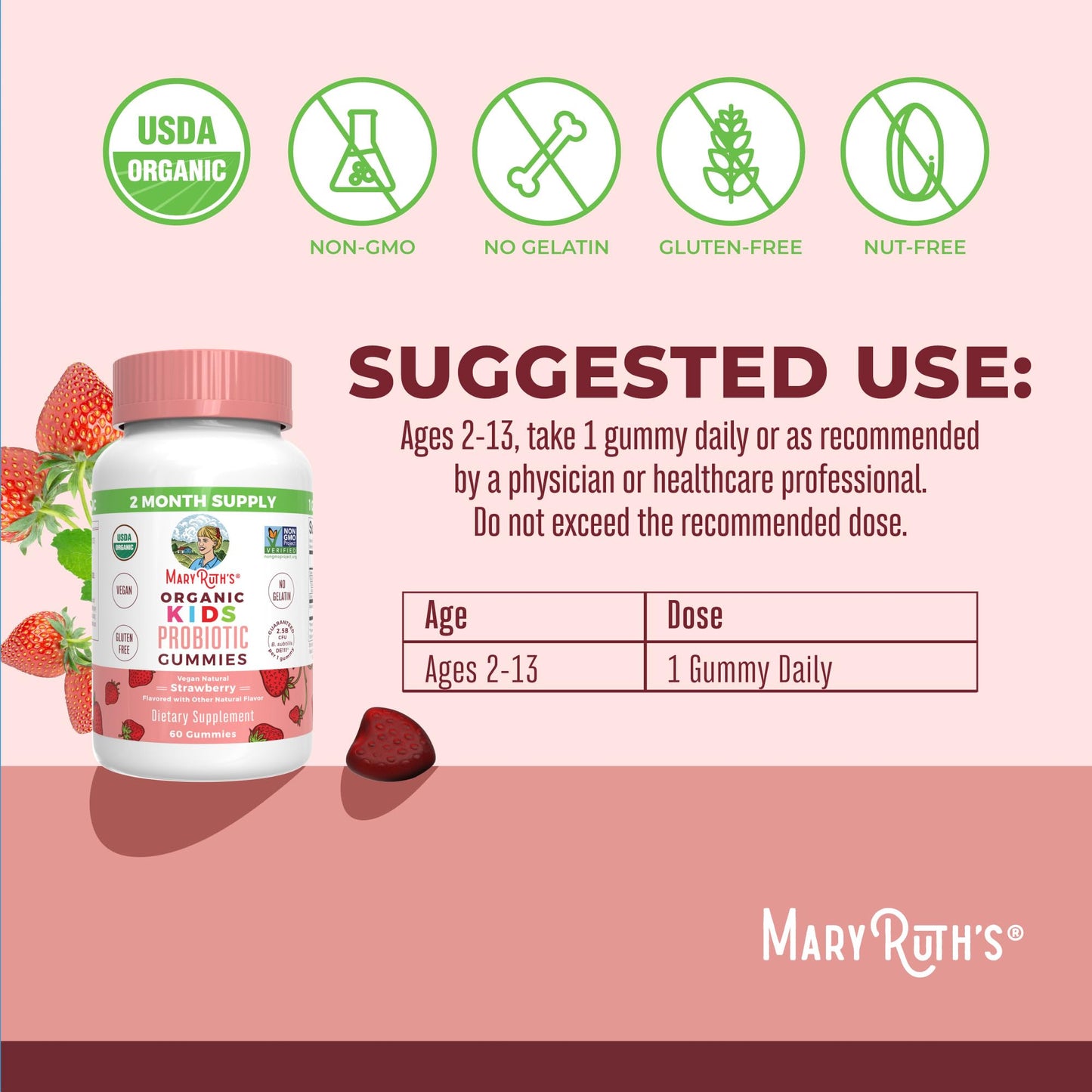 MaryRuth Organics Kids Probiotics for Digestive Health | USDA Probiotic Gummies | 2 Month Supply | Kids Probiotics | Immune Support | Gut Health Supplement | Vegan | Non-GMO | Gluten Free | 60 Count - Maple Wellness Supplements
