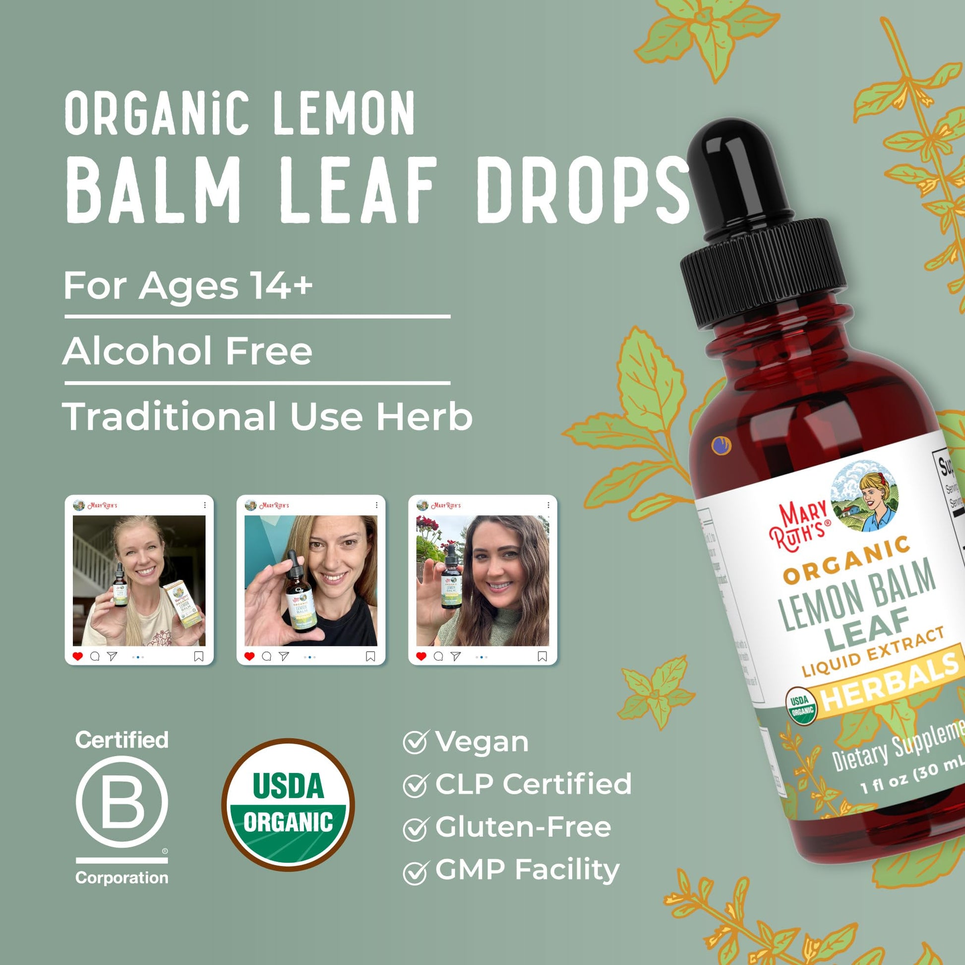 MaryRuth Organics Lemon Balm Leaf Liquid Extract | Mood Support | Relaxation | Calming | Nervine Herbal | Lemon Balm Tincture | USDA Organic | Vegan | Non-GMO | Gluten Free | 1 Fl Oz - Maple Wellness Supplements