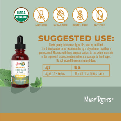 MaryRuth Organics Lemon Balm Leaf Liquid Extract | Mood Support | Relaxation | Calming | Nervine Herbal | Lemon Balm Tincture | USDA Organic | Vegan | Non-GMO | Gluten Free | 1 Fl Oz - Maple Wellness Supplements