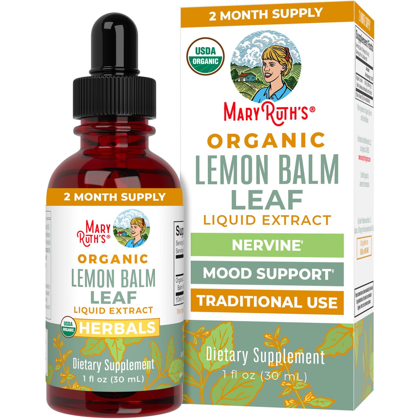 MaryRuth Organics Lemon Balm Leaf Liquid Extract | Mood Support | Relaxation | Calming | Nervine Herbal | Lemon Balm Tincture | USDA Organic | Vegan | Non-GMO | Gluten Free | 1 Fl Oz - Maple Wellness Supplements