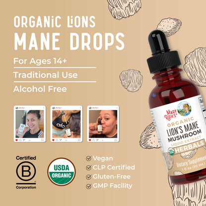 MaryRuth Organics Lions Mane Mushroom Supplement, Up to 1 Month Supply, Nootropic USDA Organic Lions Mane Extract Nervine Herbal Liquid Drops, Brain Health Non-GMO - Maple Wellness Supplements