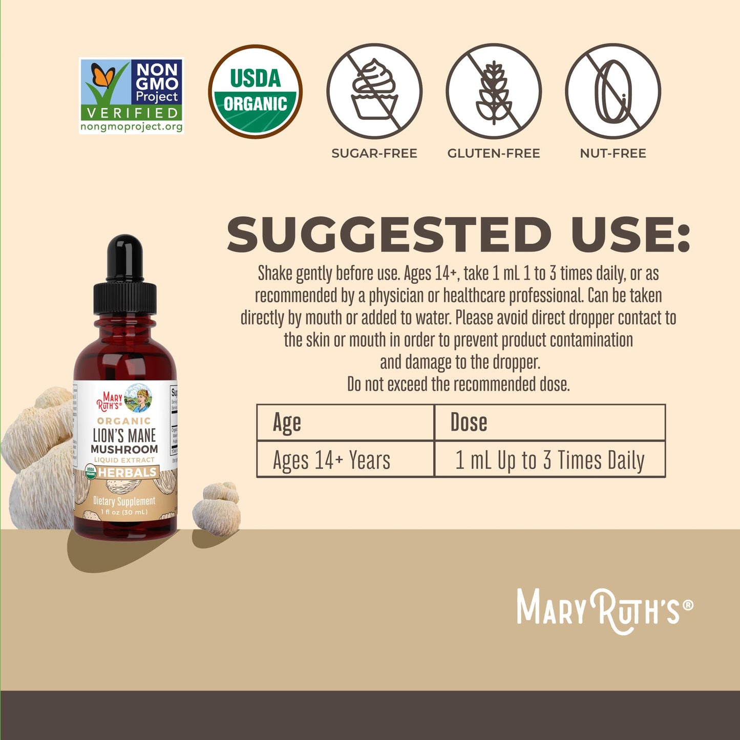 MaryRuth Organics Lions Mane Mushroom Supplement, Up to 1 Month Supply, Nootropic USDA Organic Lions Mane Extract Nervine Herbal Liquid Drops, Brain Health Non-GMO - Maple Wellness Supplements