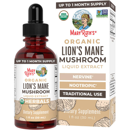 MaryRuth Organics Lions Mane Mushroom Supplement, Up to 1 Month Supply, Nootropic USDA Organic Lions Mane Extract Nervine Herbal Liquid Drops, Brain Health Non-GMO - Maple Wellness Supplements