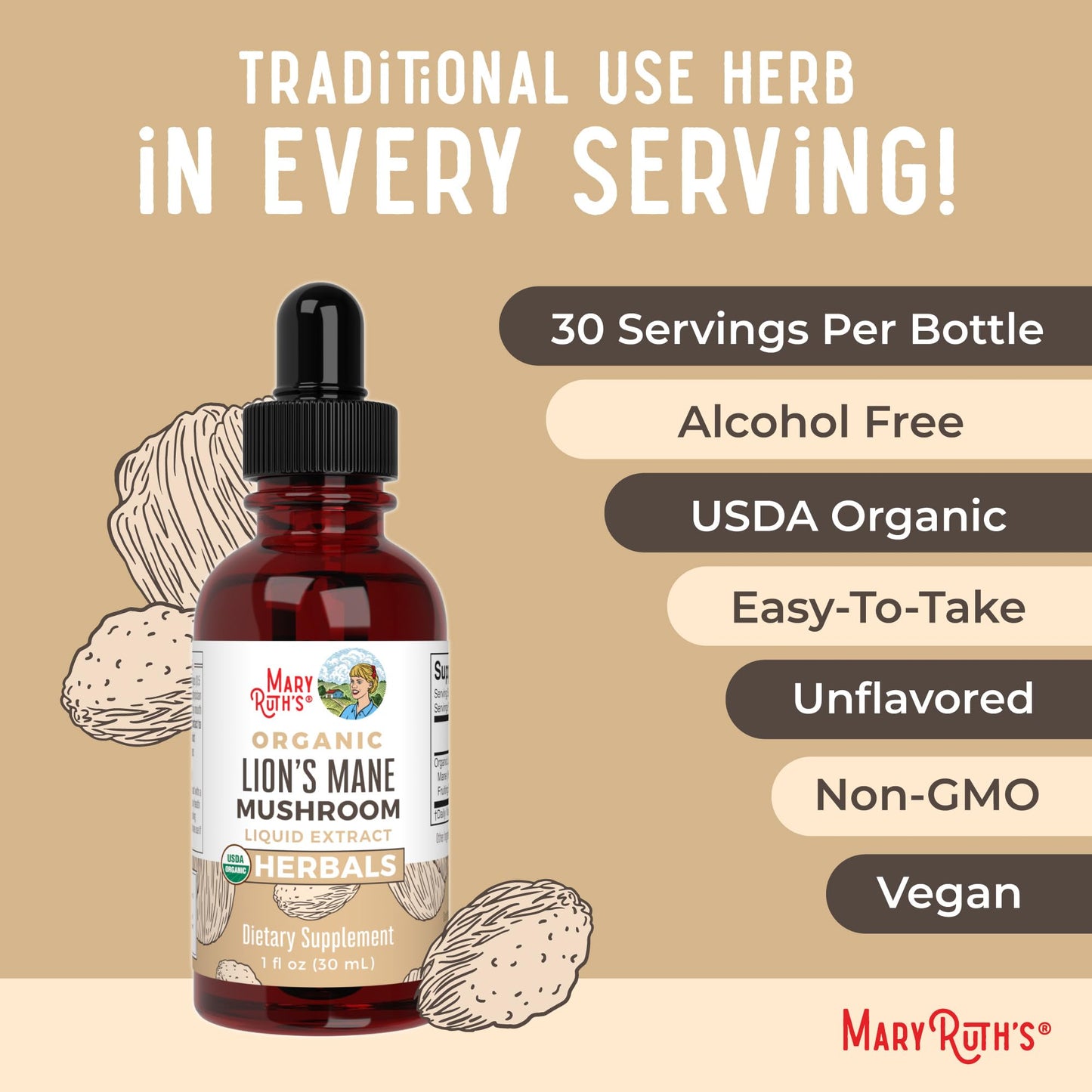 MaryRuth Organics Lions Mane Mushroom Supplement, Up to 1 Month Supply, Nootropic USDA Organic Lions Mane Extract Nervine Herbal Liquid Drops, Brain Health Non-GMO - Maple Wellness Supplements